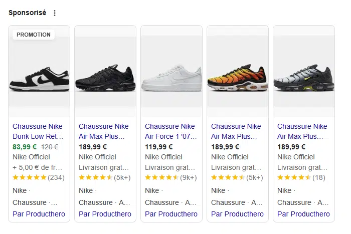 Affichage de résultats d'une campagne Google Shopping