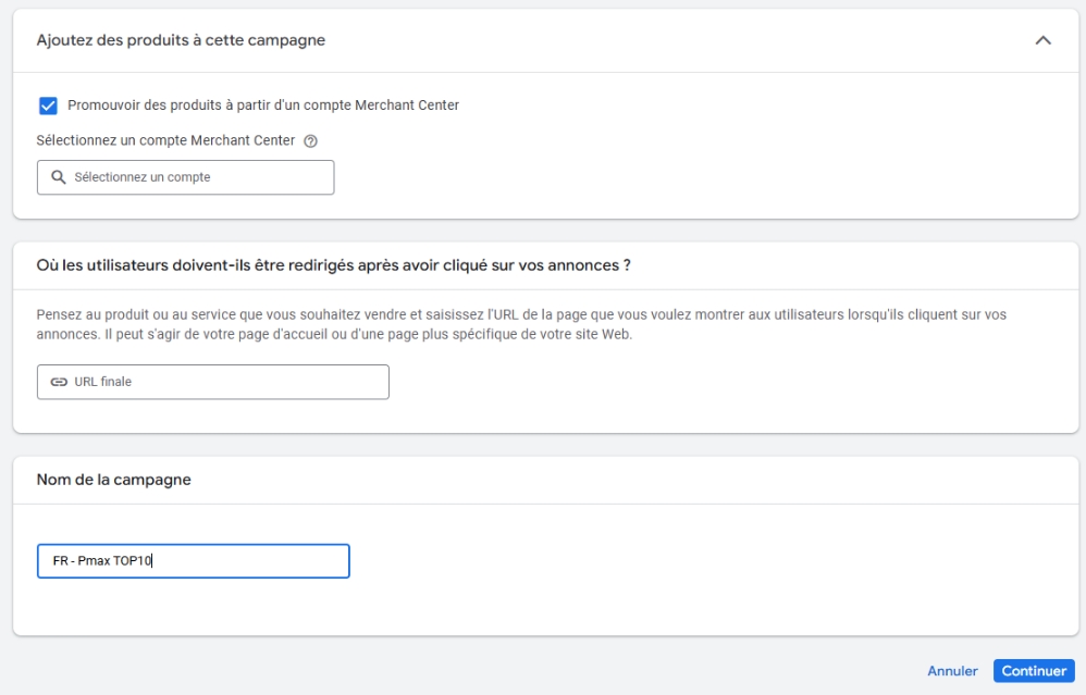 Compte Merchant Center et nom de la campagne